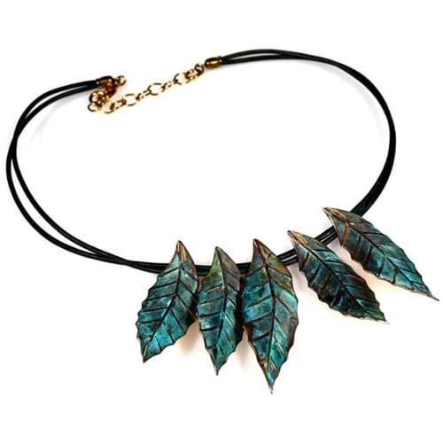 EC-038 Necklace Magnolia Leaves on Rawhide $140 at Hunter Wolff Gallery